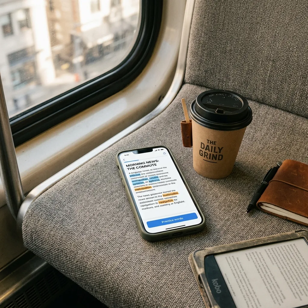 Smartphone displaying a news article with highlighted vocabulary words next to a coffee cup on a subway seat — microlearning in action