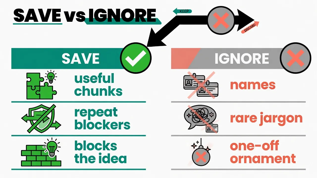 Рішення save vs ignore: висока цінність / повтор / блокер ідеї - зберегти; ім'я / одноразовий жаргон / прикраса - пропустити