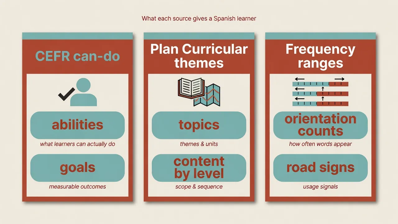 CEFR = уміння, Plan Curricular = теми й зміст, частотні дослідження = орієнтовні підрахунки