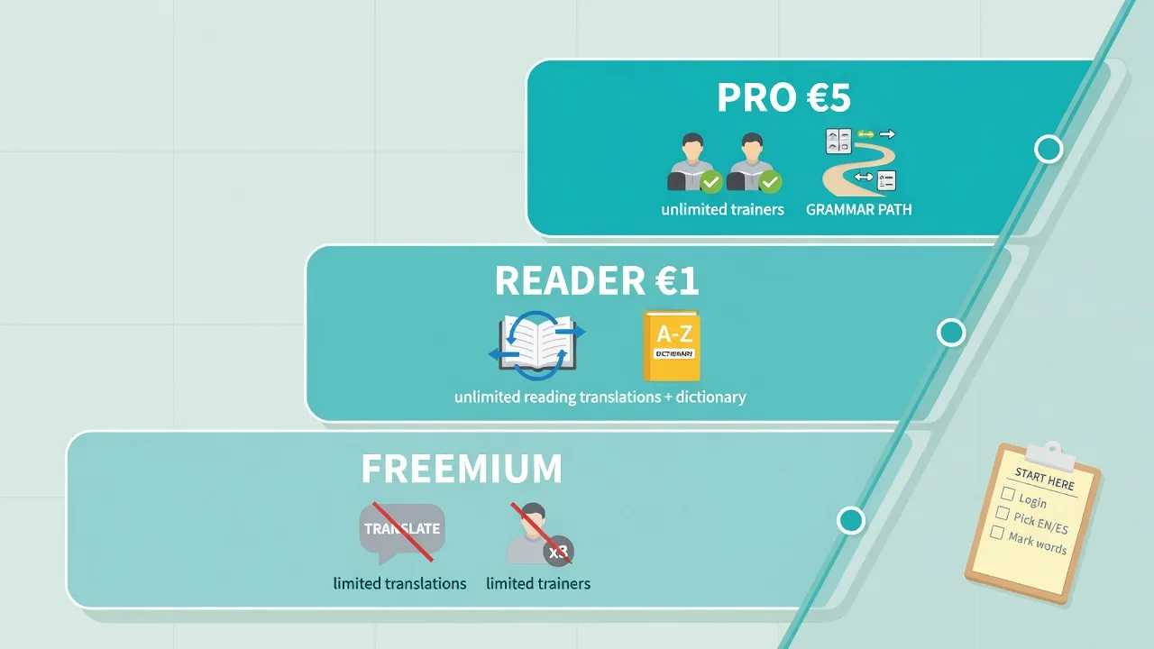 Сходи freemium → Reader €1 → Pro для обсягу відстеження словника