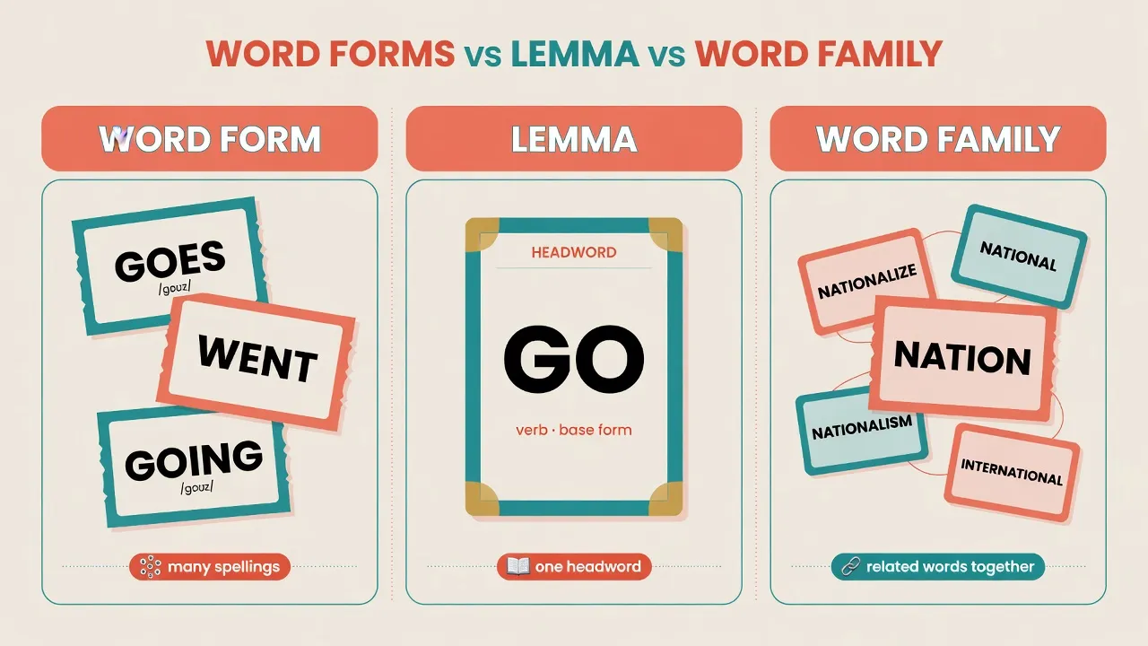 Схема: словоформа, лема і сім'я слів на одному дереві від go / goes / went