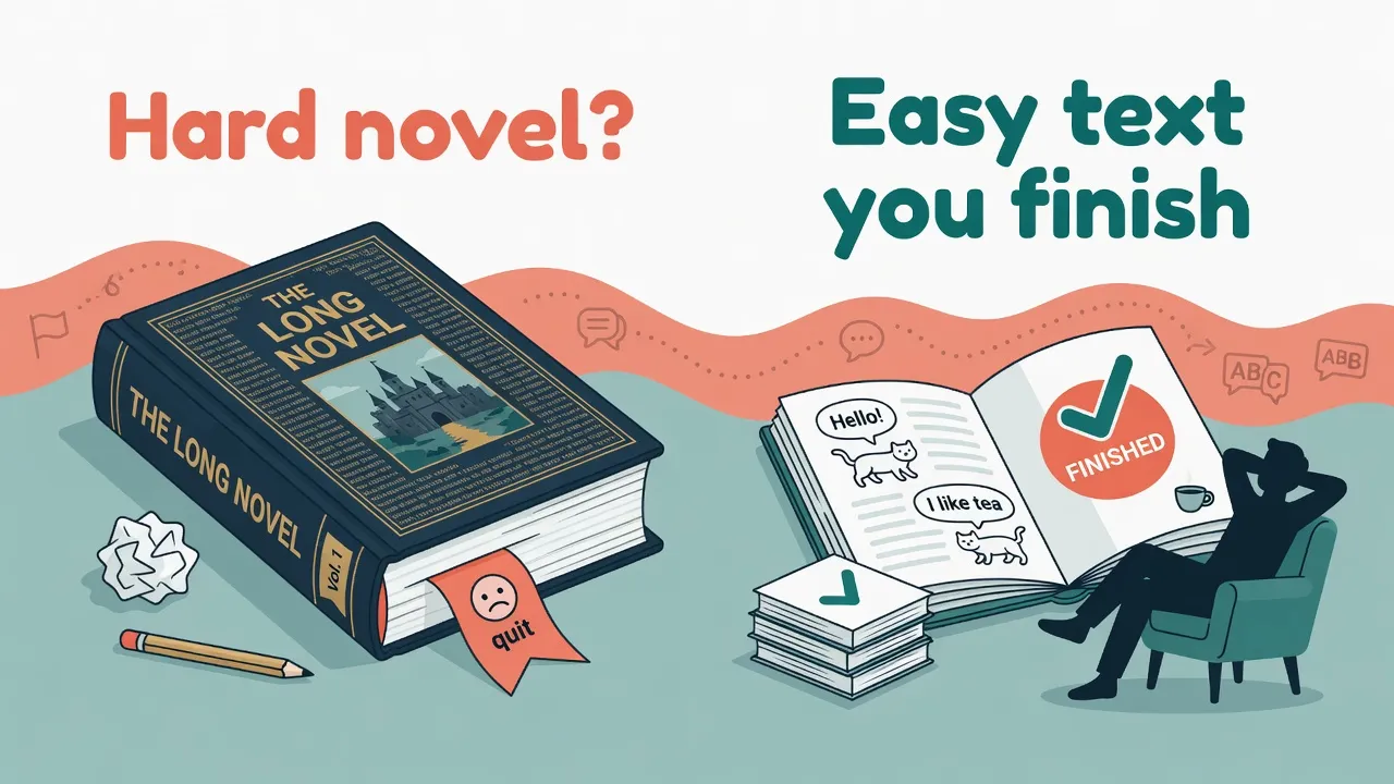 Легкий graded-текст на столі поруч із товстою книгою, яку не дочитали