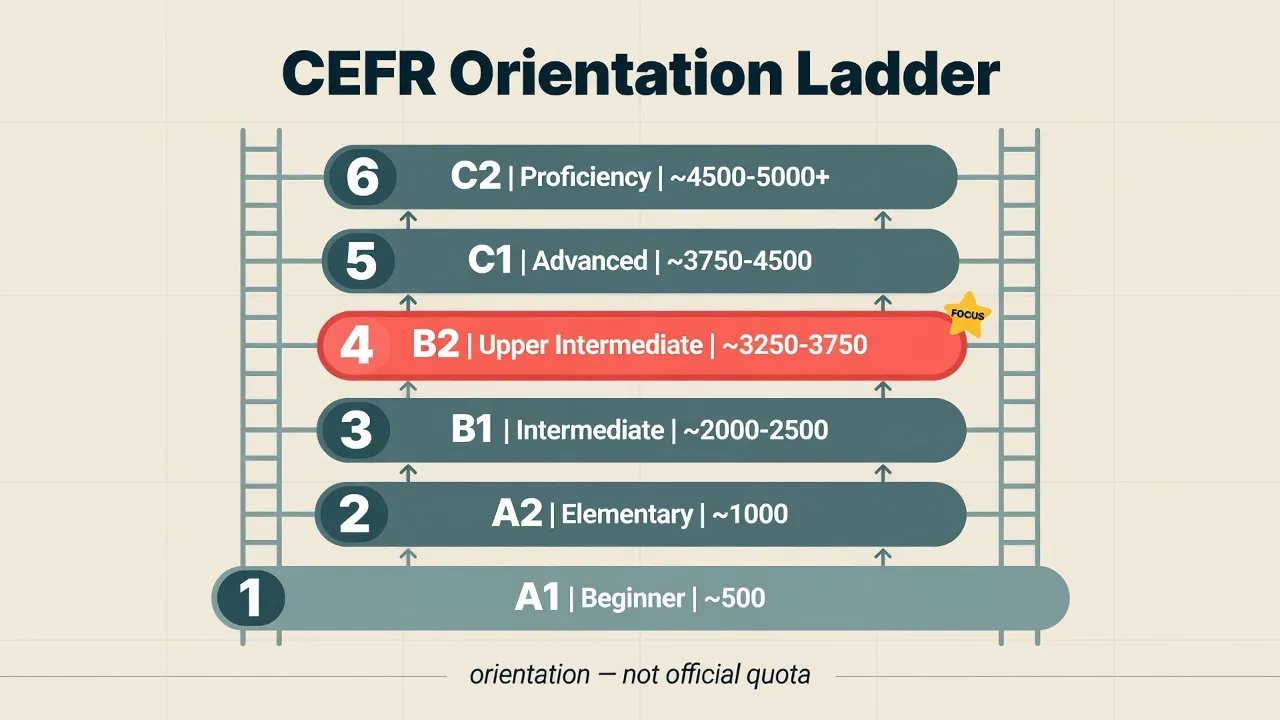 Драбина CEFR A1-C2 з виділеним B2 близько 3 250-3 750 частих лем