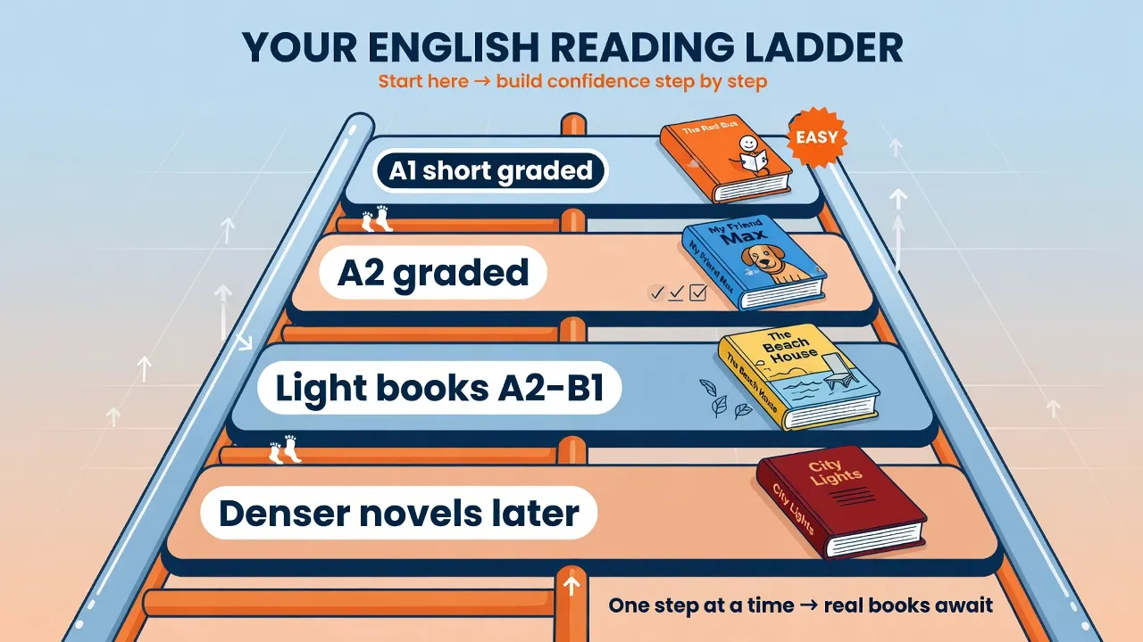 Сходи старту: A1 короткі тексти → A2 graded → легкі книги → щільнішу прозу пізніше
