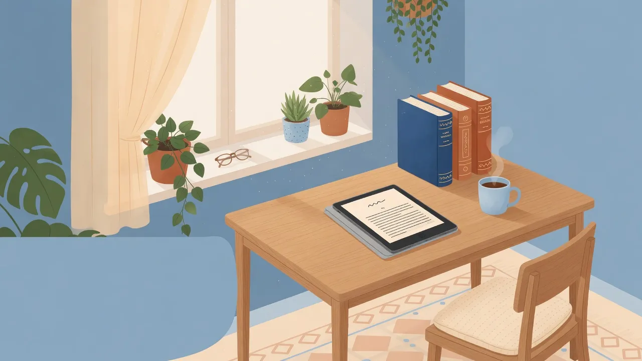 Затишний стіл з книгами англійською та іспанською і планшетом з EPUB