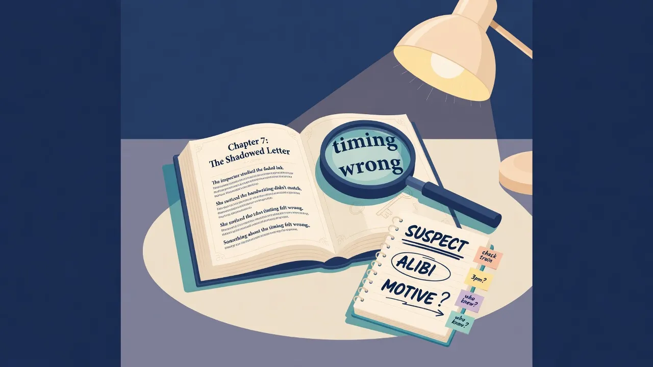 Escena suave de misterio con libro abierto, lupa y notas de vocabulario en inglés para aprender con novelas de detectives