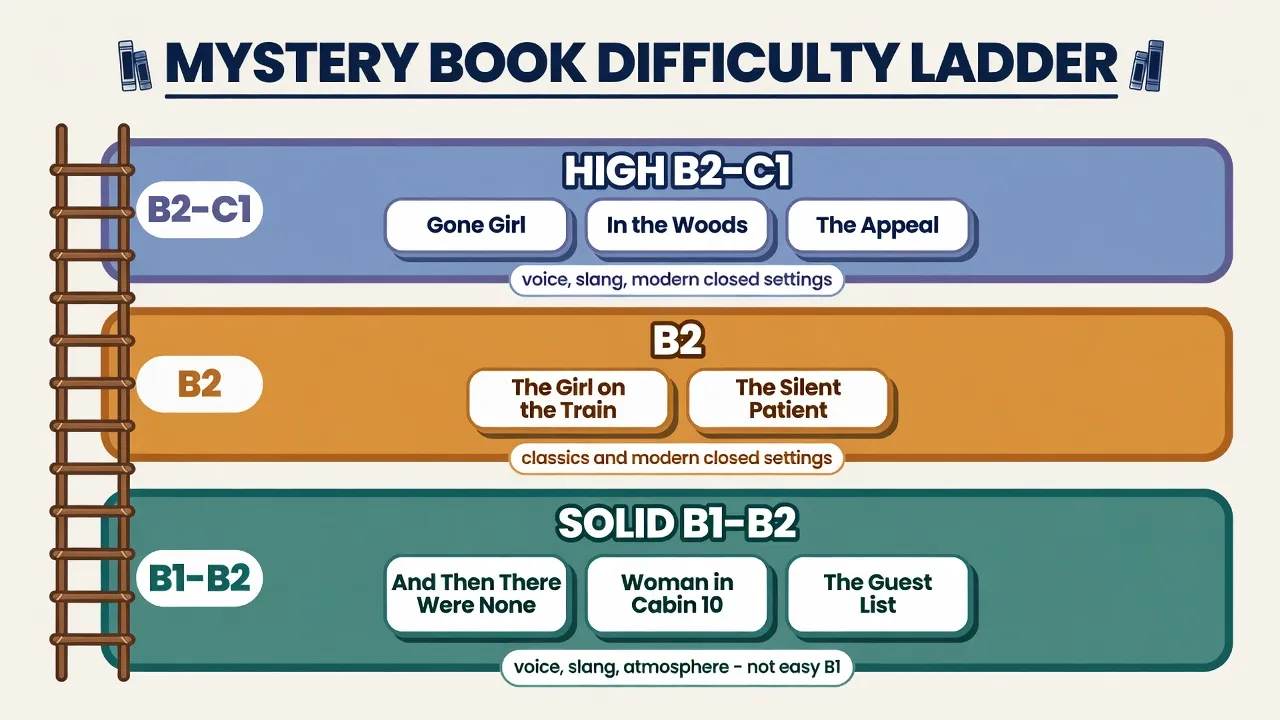 Escalera de dificultad B1 a C1 con ocho novelas de misterio y thriller en inglés