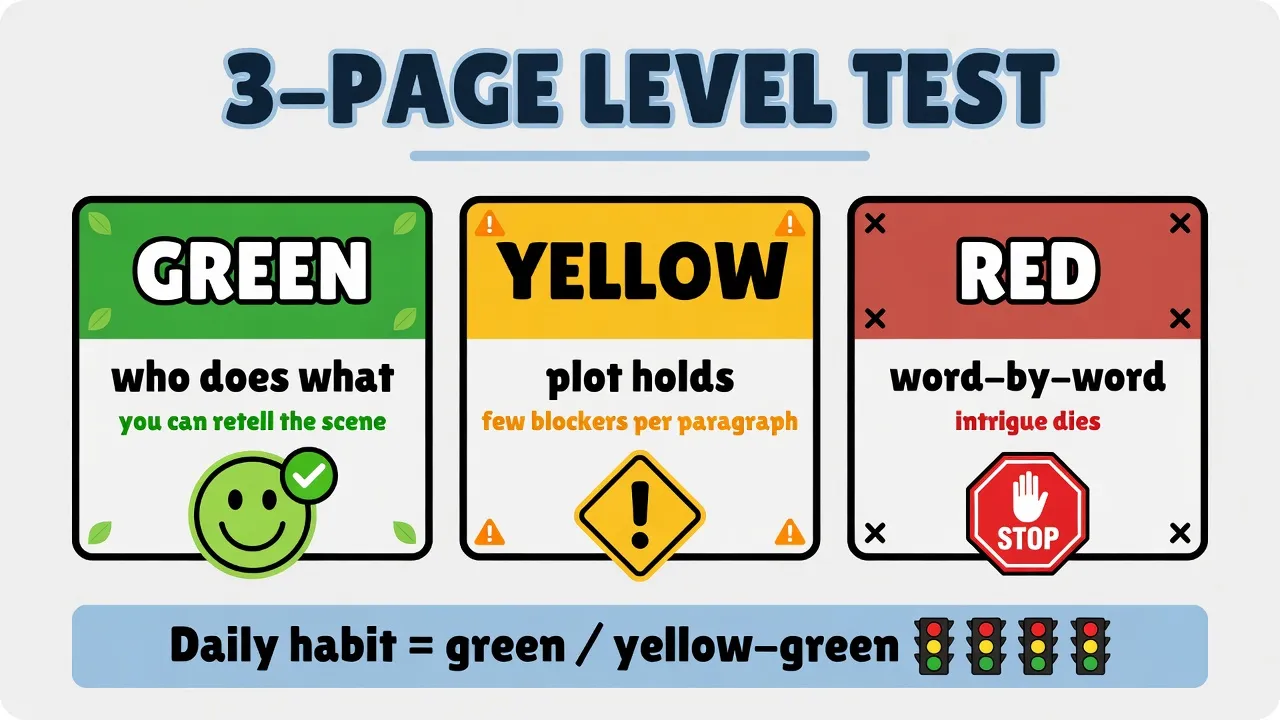 Tres paneles de semáforo para la prueba de nivel en tres páginas: verde retomas, amarillo pocos bloqueadores, rojo palabra por palabra