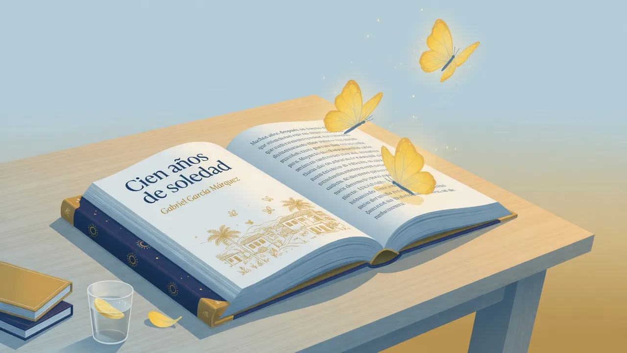 Розкрита іспанська книга, з якої злітають жовті метелики - настрій магічного реалізму Маркеса