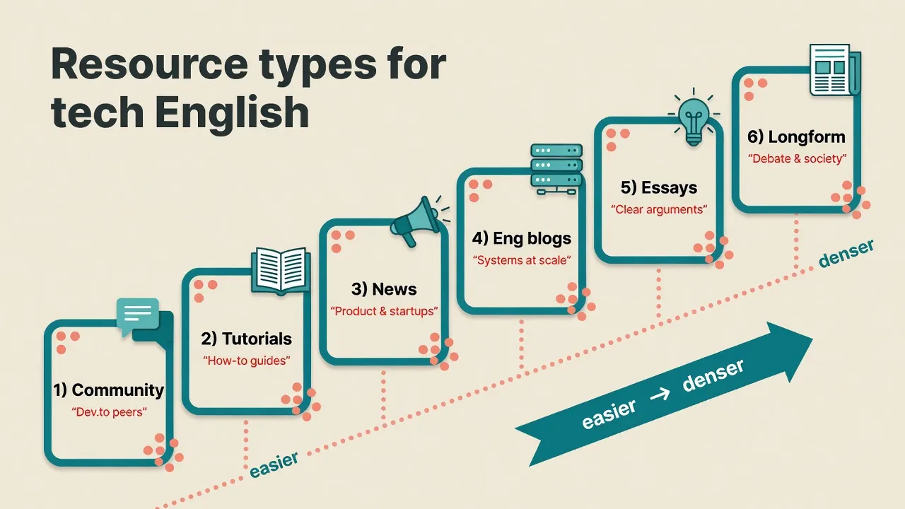 Карта типів tech English ресурсів на драбині складності: community, tutorials, news, eng blogs, essays, debate, longform