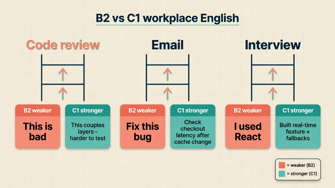 Драбина workplace English: слабші й сильніші формулювання для code review, email, interview