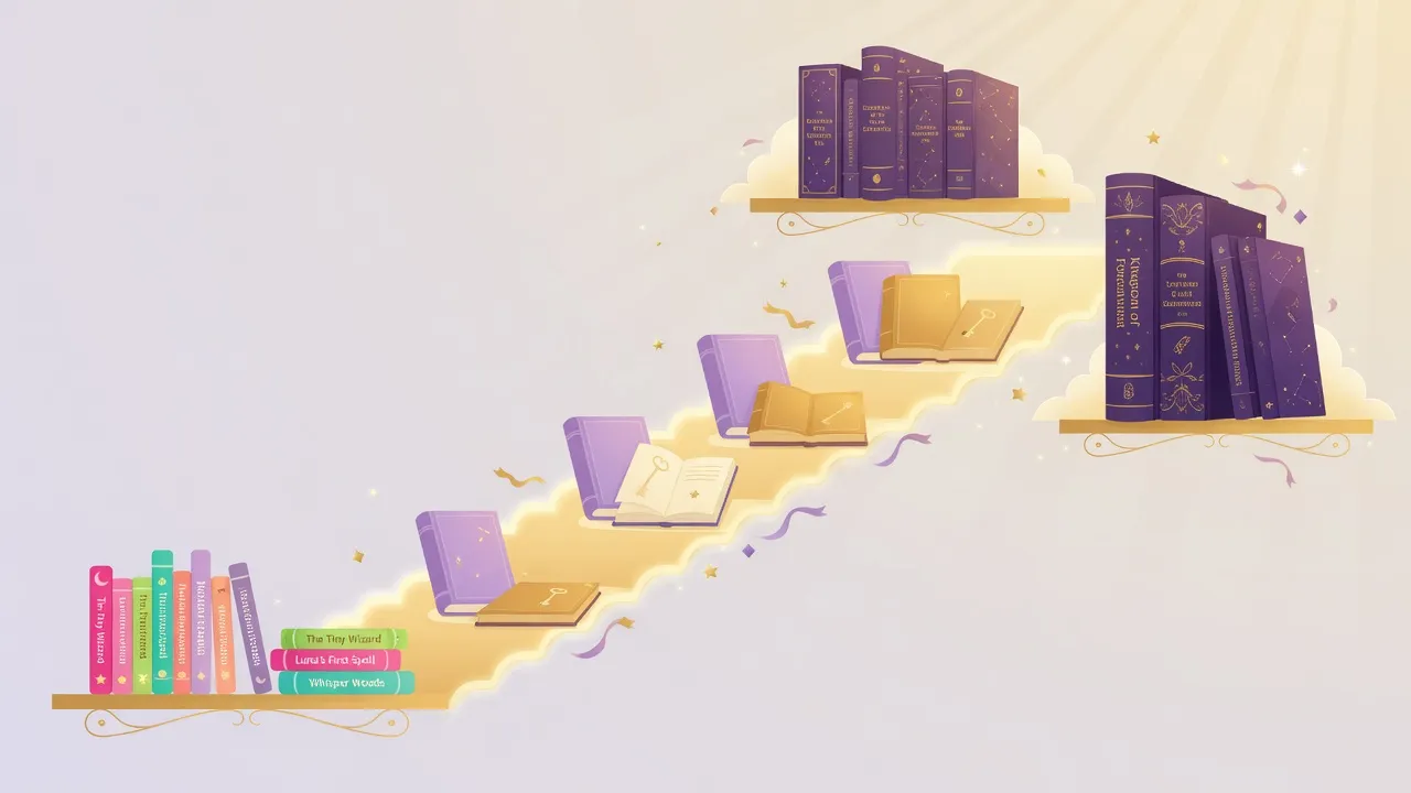Warm purple-gold fantasy bookshelf path from simple kids books to thick epic novels, soft magic light - a route up the difficulty ladder for English learners