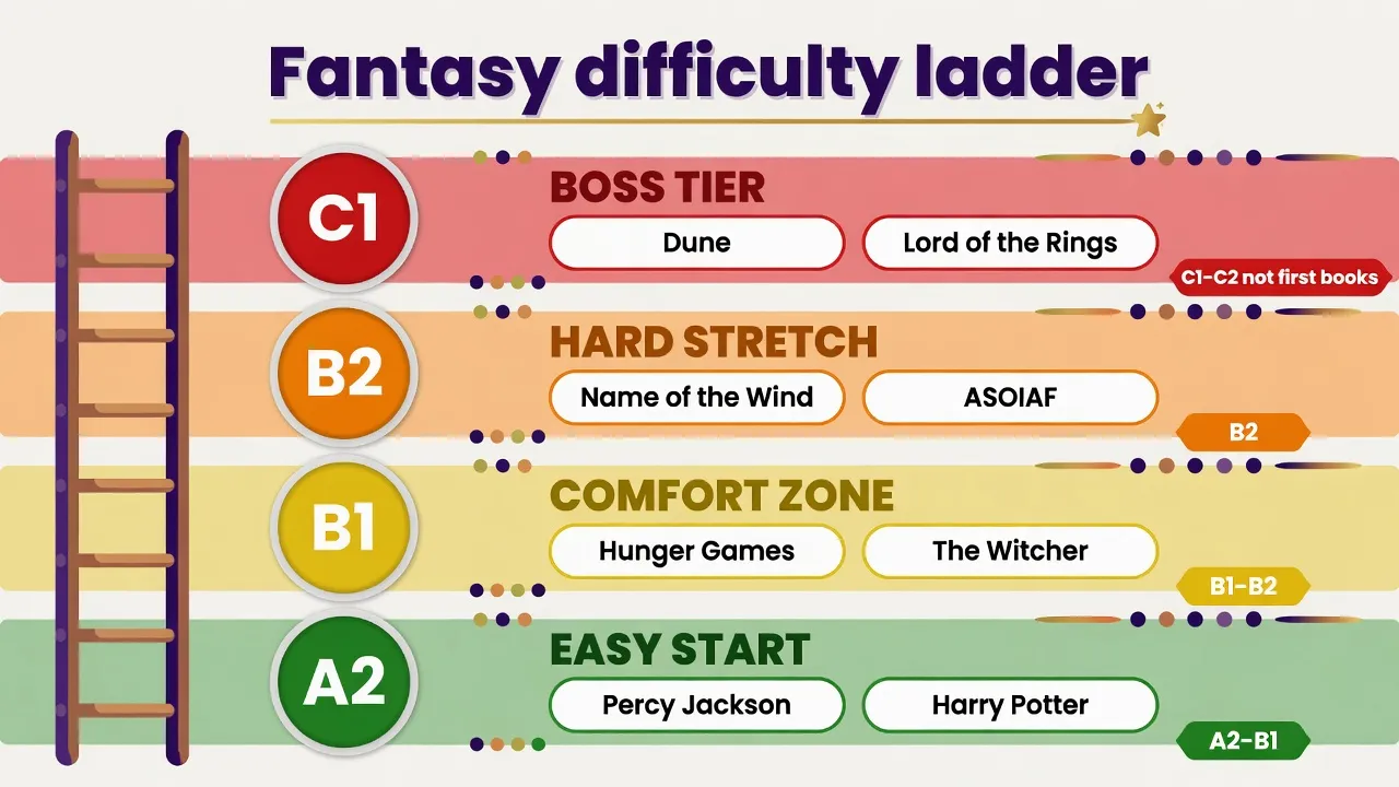 Difficulty ladder of 8 fantasy series from A2 Percy Jackson and Harry Potter to C1 Dune and Lord of the Rings