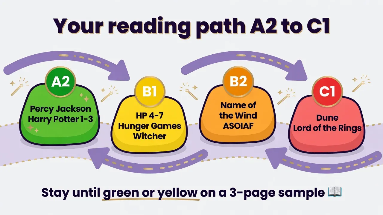 Stepping-stone path A2 to C1: Percy Jackson to Harry Potter to Hunger Games and Witcher to Name of the Wind and ASOIAF to Dune and LOTR