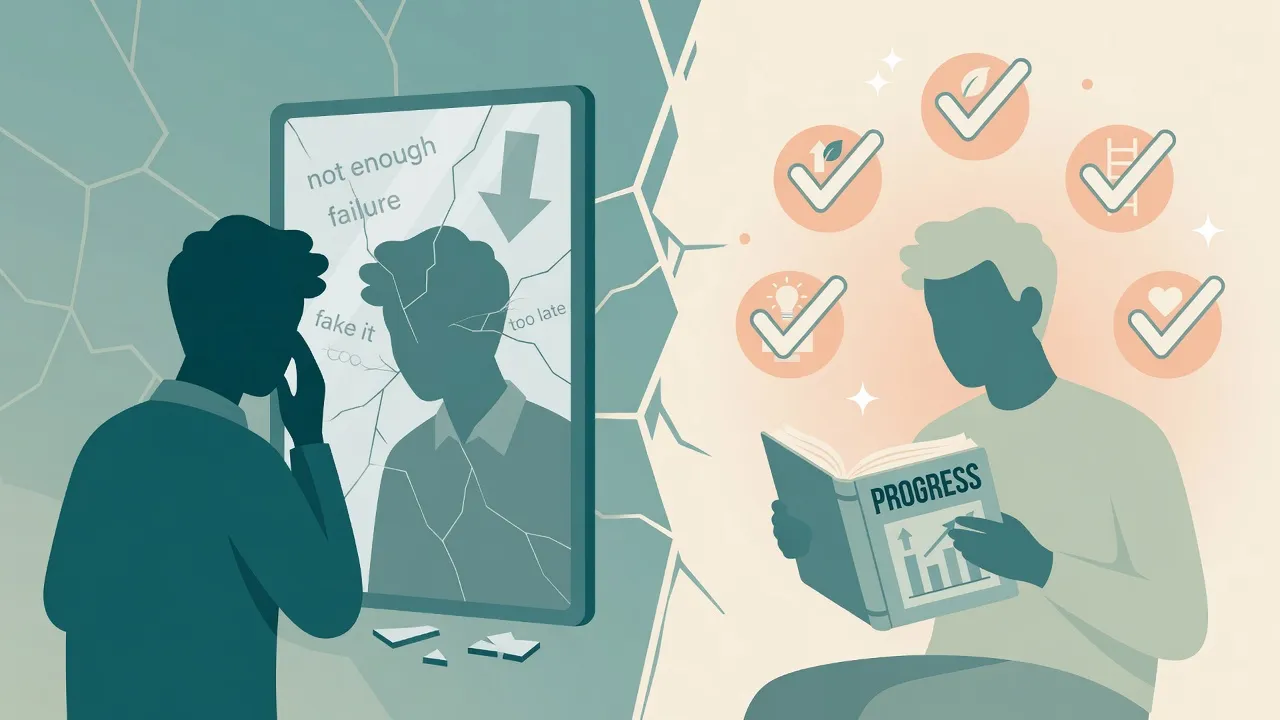 Persona dividida entre el miedo y una lectura calmada con pruebas de progreso en un idioma extranjero