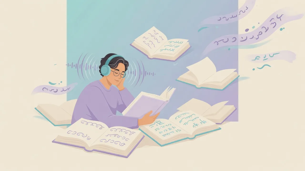 Доросла людина спокійно читає з навушниками серед відкритих книг - атмосфера масового цікавого вхідного потоку