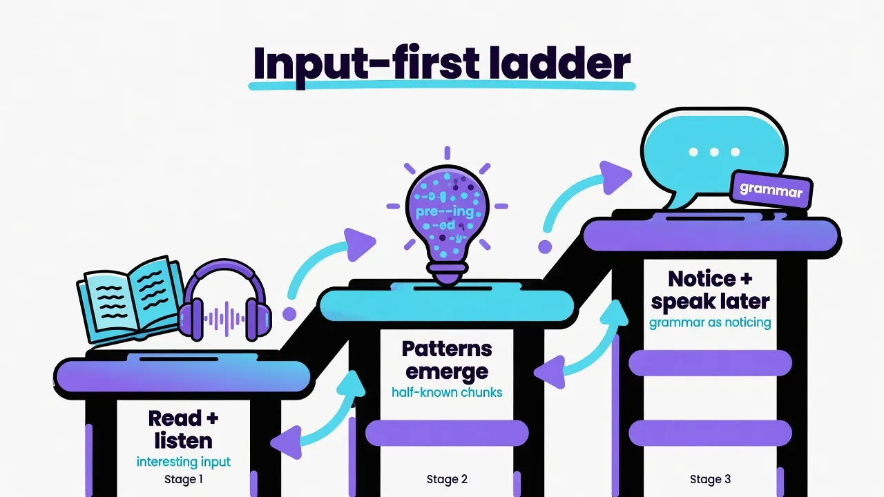 Сходинки input-first: читати й слухати, ловити патерни, потім помічати граматику й говорити