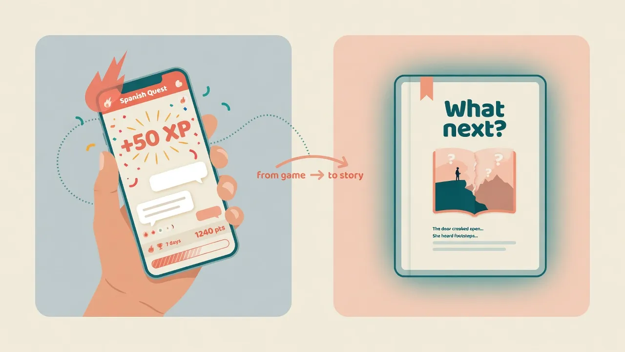 Ігровий телефон зі стріком і XP поруч із теплою книгою «що далі?»