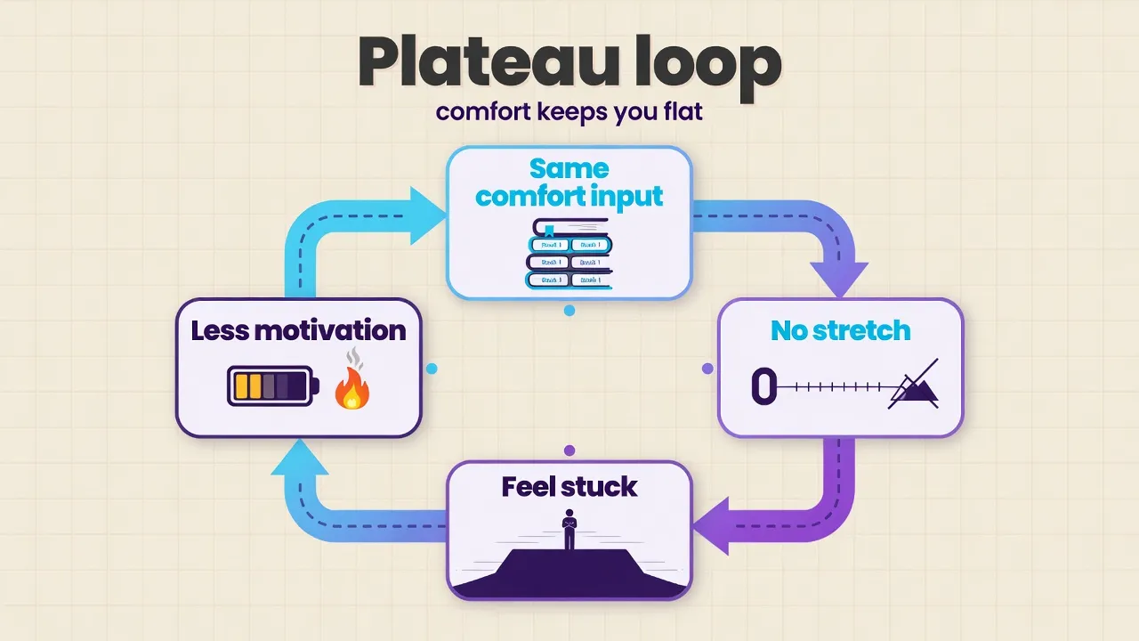 Схема циклу мовного плато: комфортний input, без stretch, відчуття застою, менше мотивації, знову комфорт