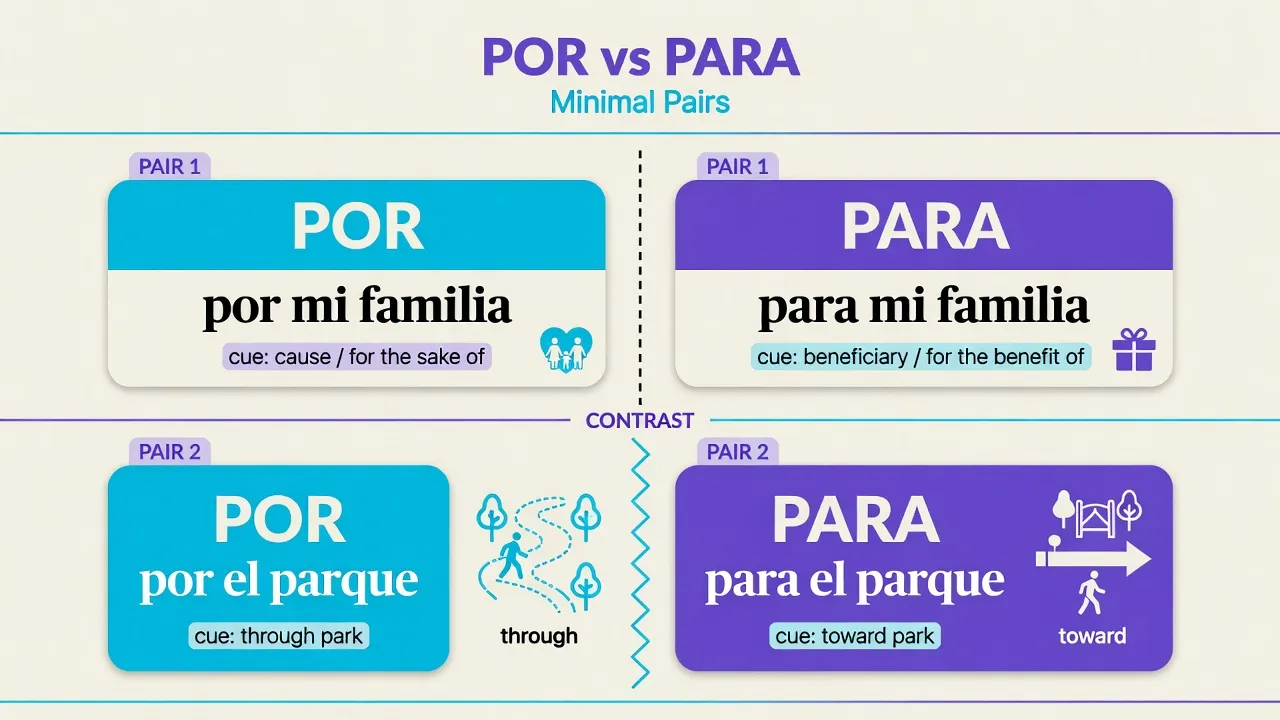 Картки пар: por el parque vs para el parque та причина vs отримувач