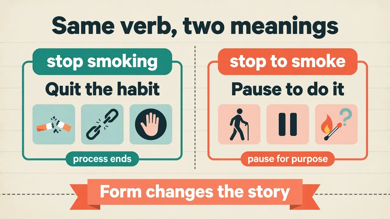 Split board: stop smoking means quit the habit; stop to smoke means pause in order to smoke