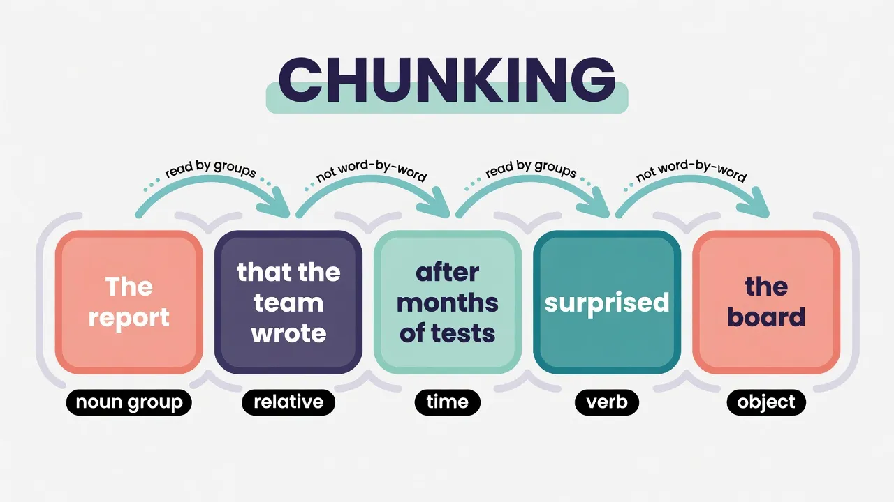 Схема chunking: довге речення розбите на смислові блоки в дужках