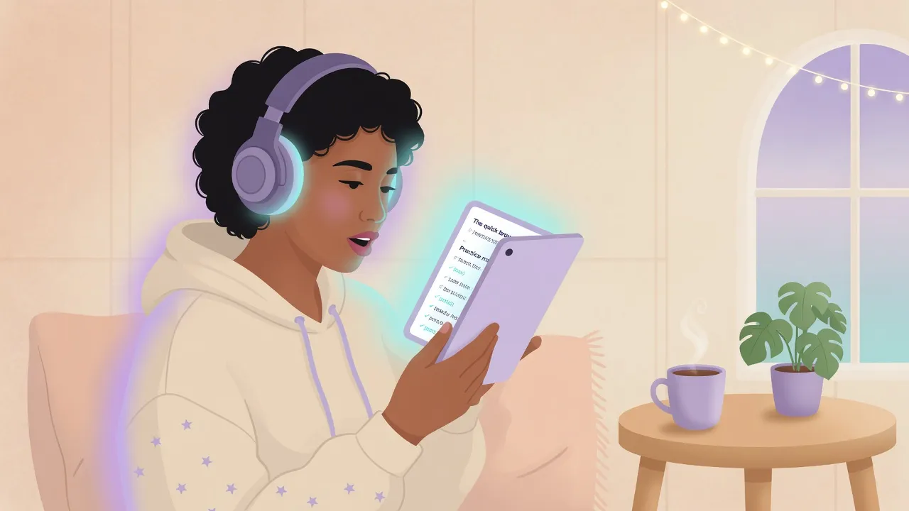 Persona leyendo en voz alta con auriculares y el texto delante, practicando pronunciación