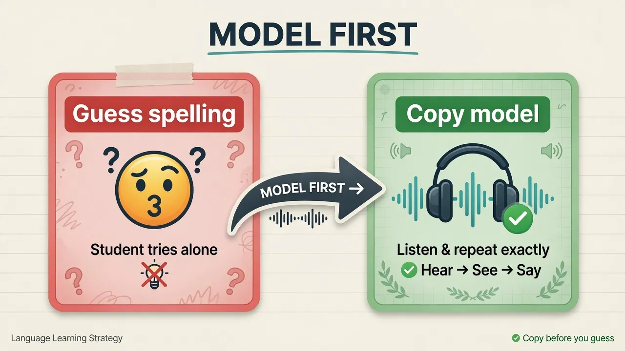 Trampa: adivinar la pronunciación por la ortografía frente a copiar un modelo de audio