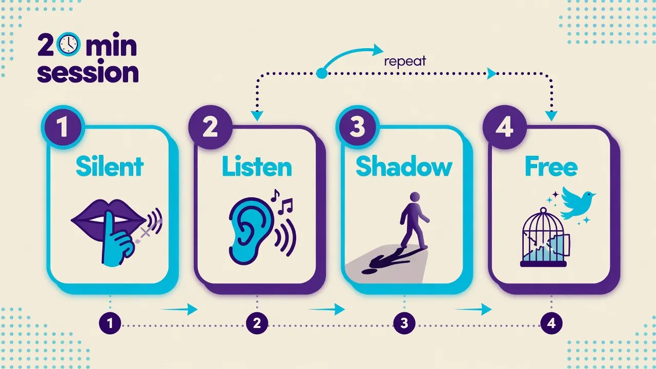 Bucle de sesión: silencio, escuchar, shadowing y lectura libre