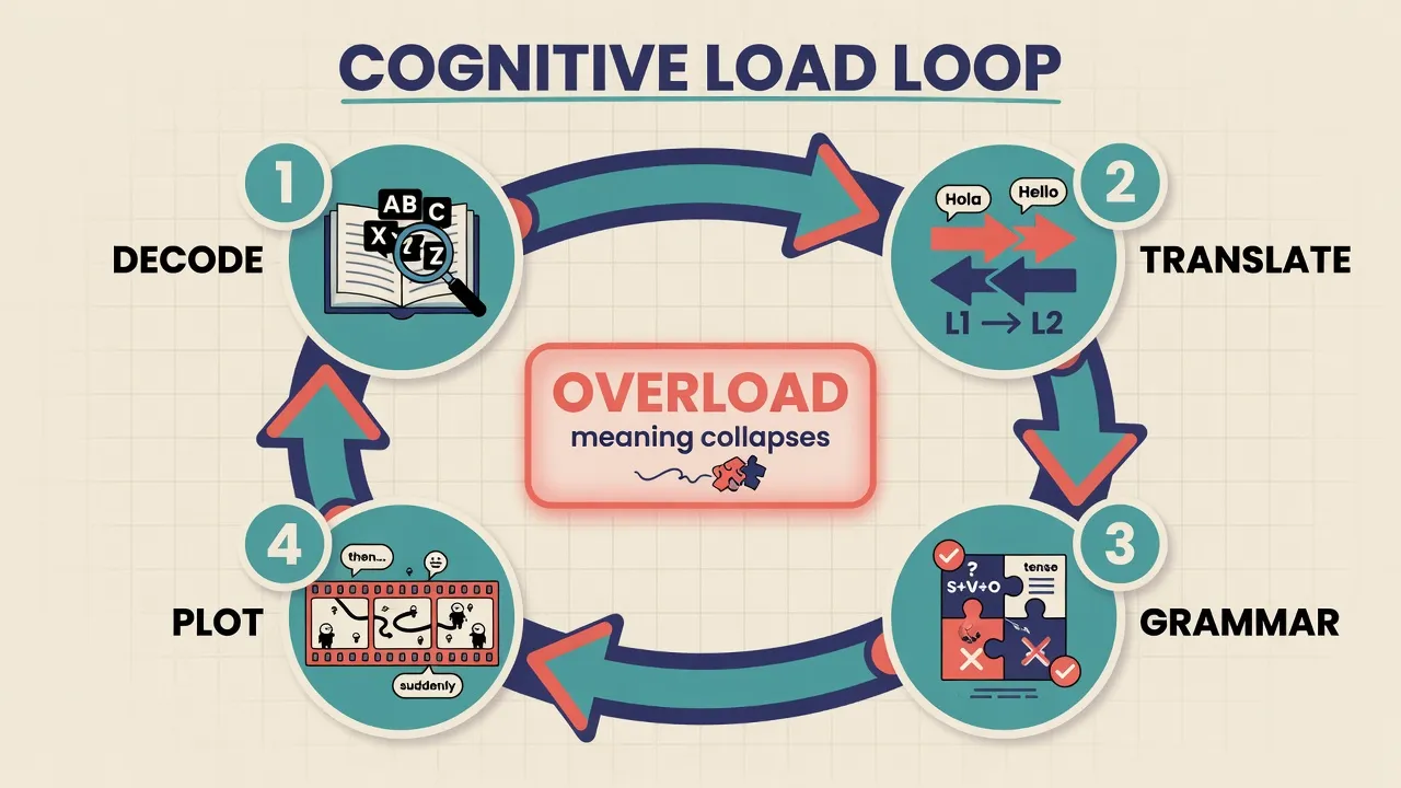 Cognitive load loop: decode, translate, grammar, and plot competing for attention