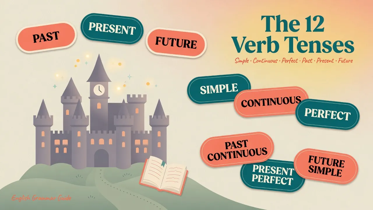Warm educational cover - generic magic boarding-school castle with floating labels Past, Present, Future and Simple, Continuous, Perfect for learning English tenses