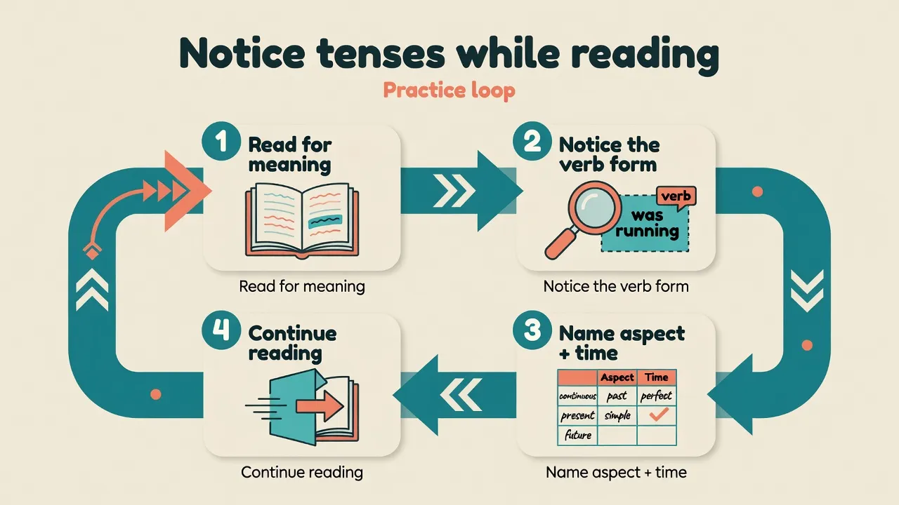 Reading practice loop: read for meaning, notice the verb form, name aspect plus time, continue reading