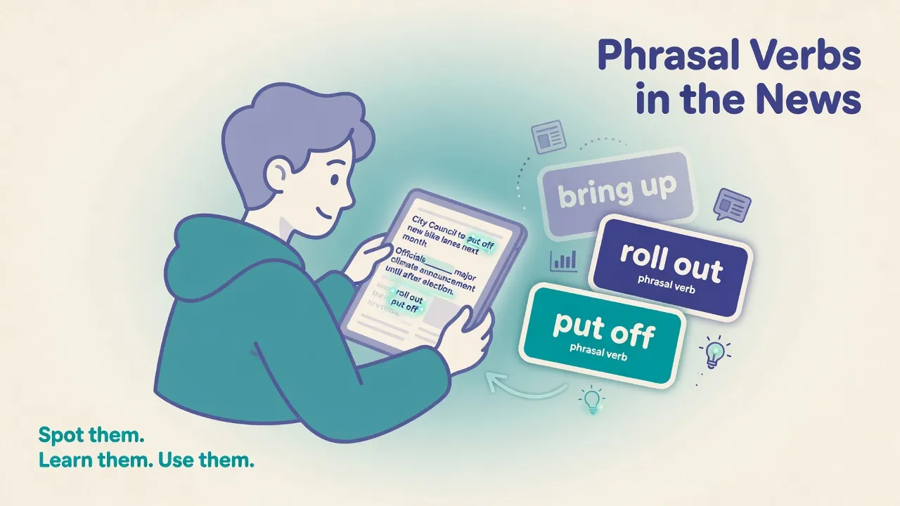 Reader with a short news article and phrasal verb chips like put off, roll out, and break down