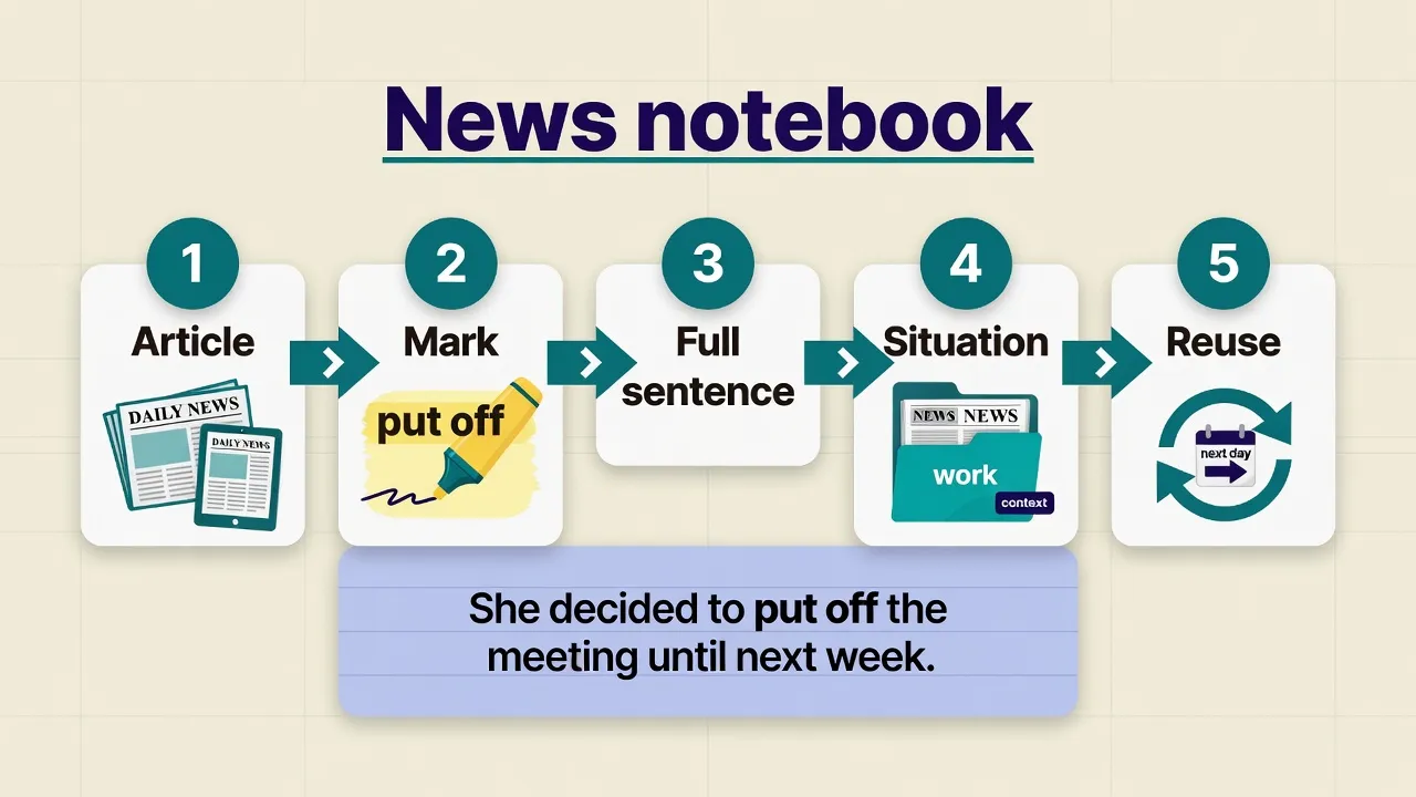 Five-step news notebook flow for phrasal verbs