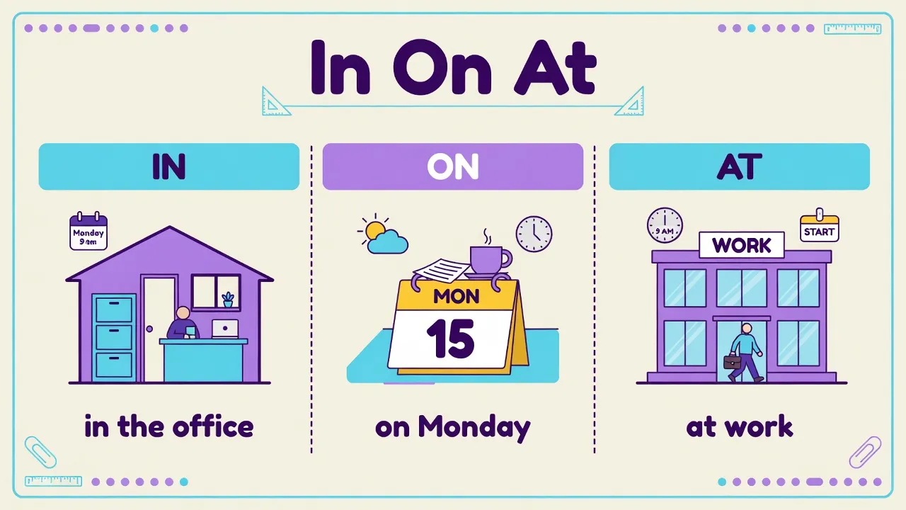 Карта in / on / at: picture, work, Monday