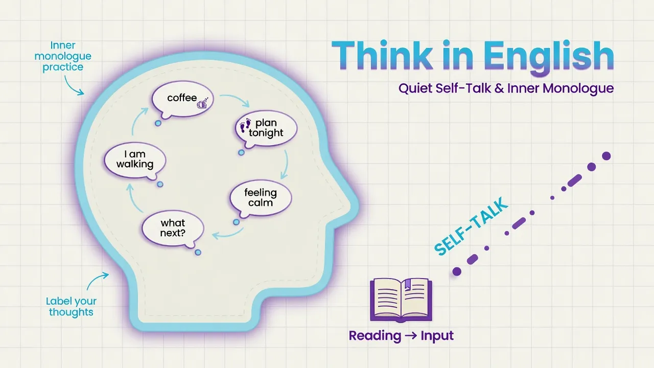 Educational cover: open head silhouette with English self-talk labels and a reading-as-input book for thinking in English practice