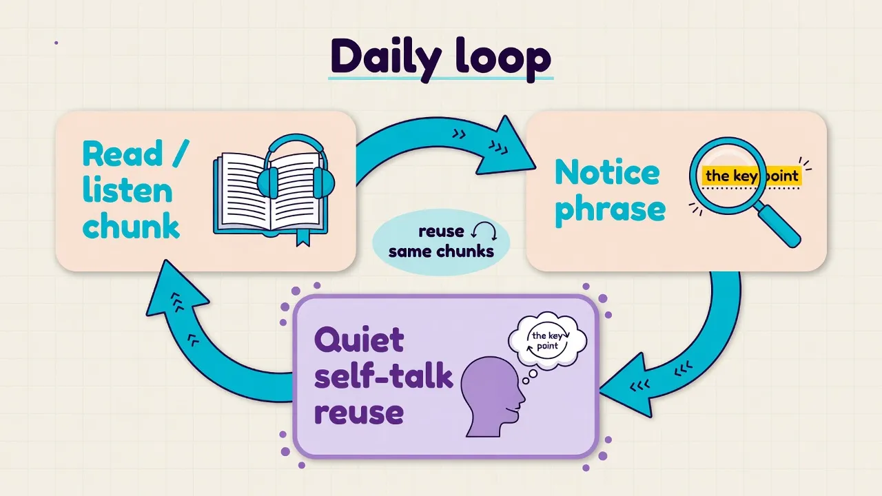 Діаграма щоденного циклу: read/listen chunk, notice phrase, quiet self-talk reuse