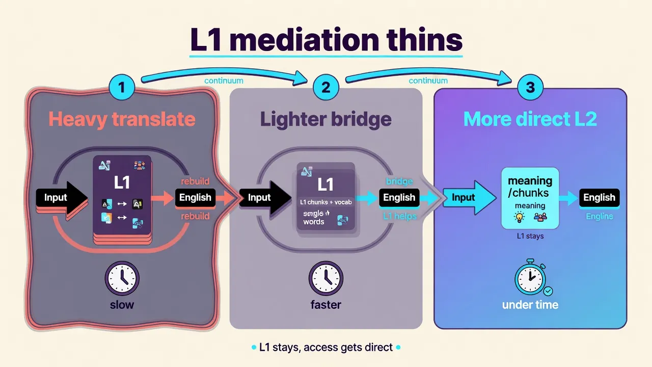 Континуум: heavy translate, lighter bridge, more direct L2 under time; L1 лишається
