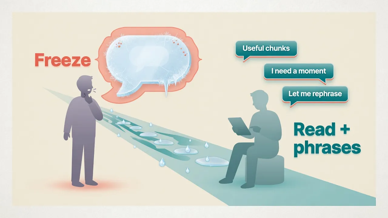 Educational cover: freeze at a speaking moment on one side, calm reading and phrase path on the other - thawing the English language barrier without fluency hype