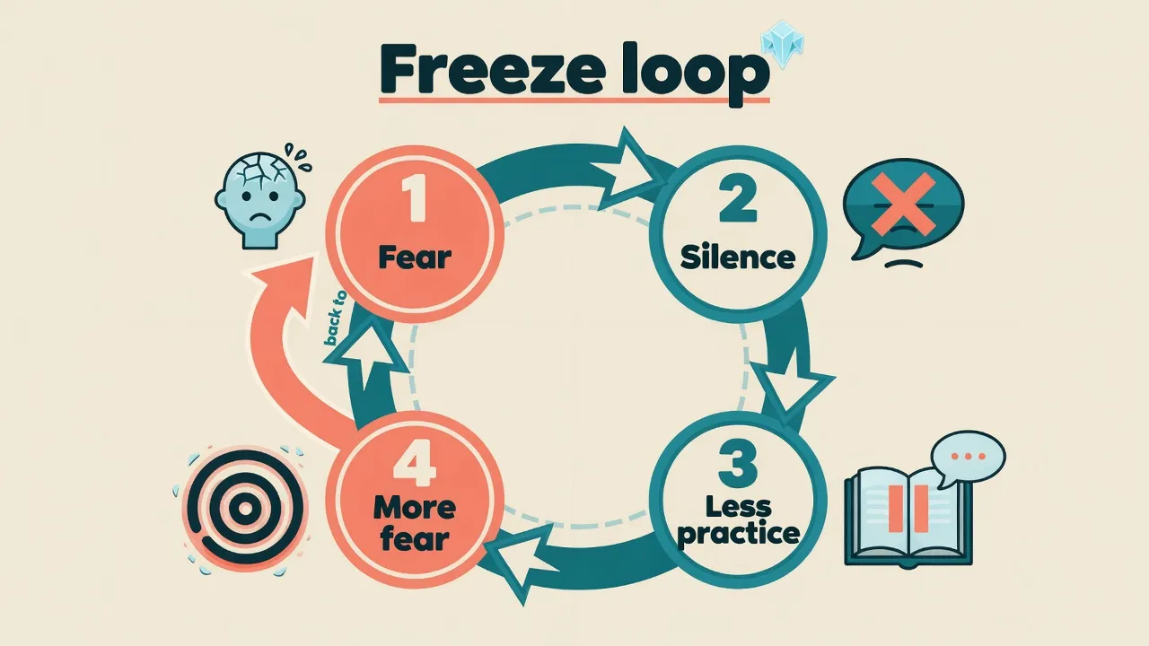 Cycle diagram of the English speaking freeze loop: fear leads to silence, less practice, then more fear