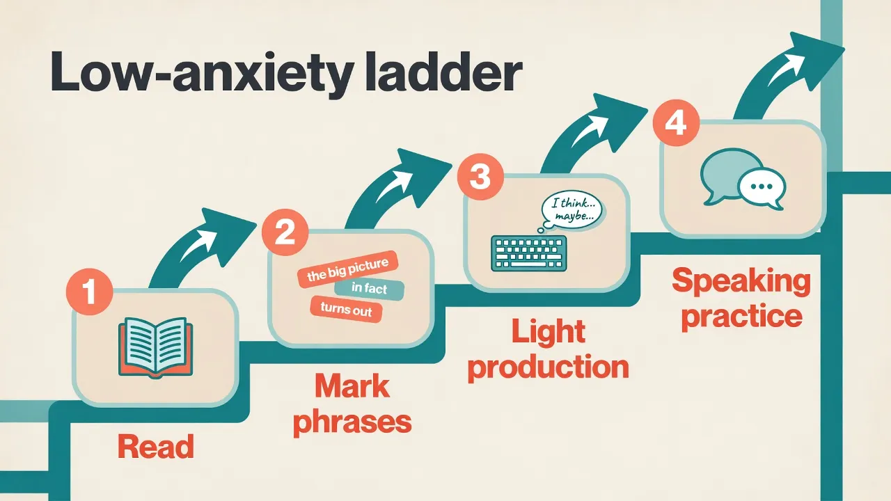 Four-rung low-anxiety ladder: read, mark phrases, light production, then speaking practice