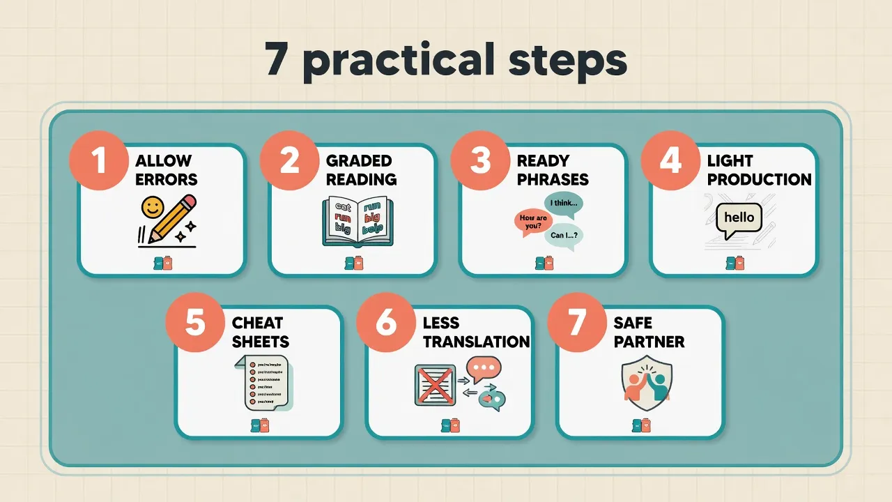 Seven-step numbered board for overcoming the English language barrier: allow errors, graded reading, ready phrases, light production, cheat sheets, less translation, safe partner