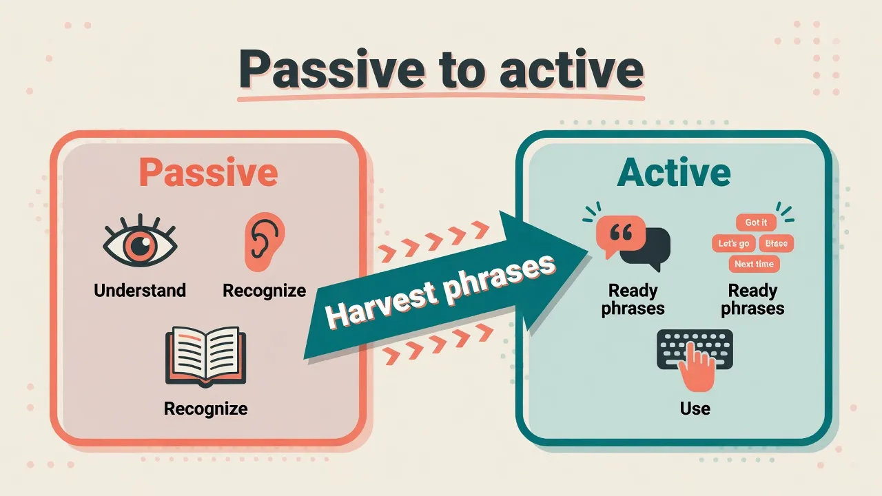 Bridge diagram from passive vocabulary understanding to active ready phrases for speaking