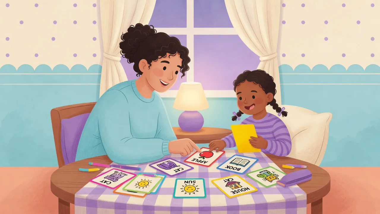 Parent and child sharing a warm play moment with simple English cards and a picture book at home