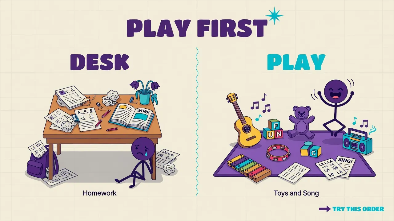 Simple diagram: play-based English at home versus desk drills and long homework for young kids