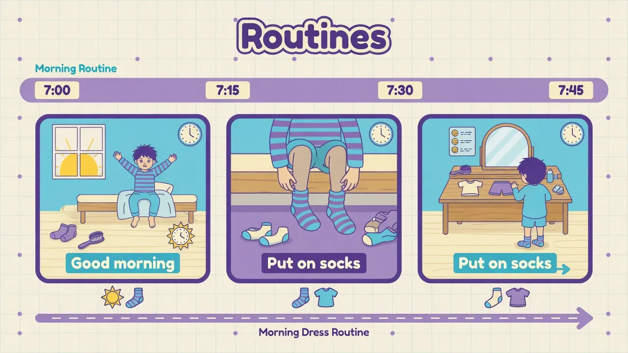 Diagram of daily English routine islands: morning, dressing, table, goodbye with sample phrases