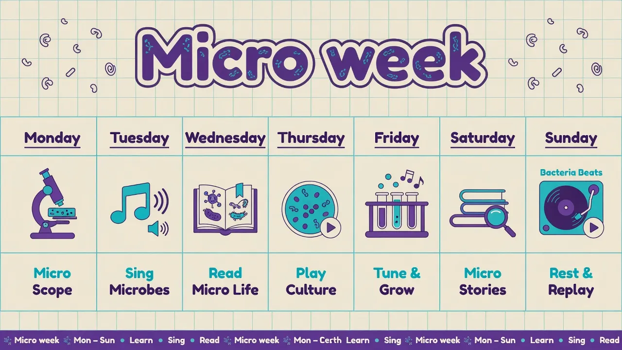 Weekly micro-plan board for English with kids: daily song and routines, play days, story or cartoon, parent phrase prep