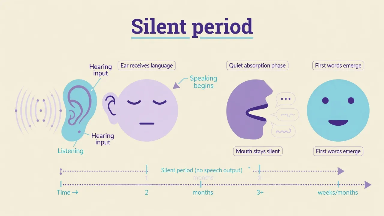 Calm illustration of the silent period: child listening and understanding English before speaking