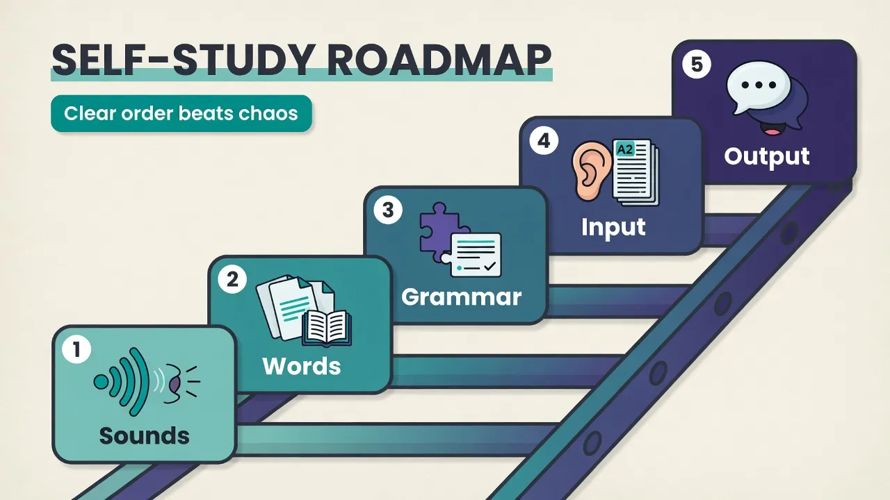 Starter roadmap: alphabet and stress, high-frequency words, present tense and ser/estar, graded input, tiny output