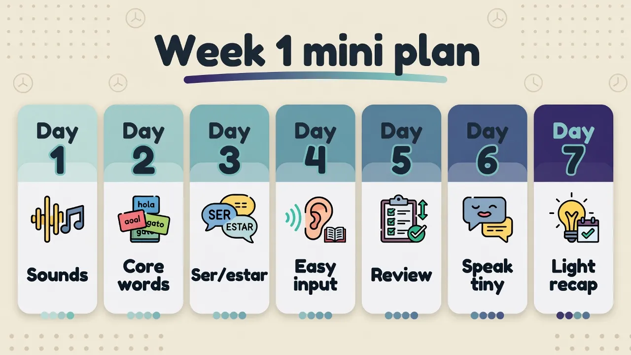 Sample week for self-study Spanish: sounds, grammar, podcast, reading, writing, series, light review